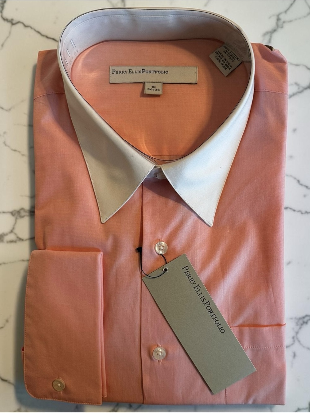 Perry Ellis Portfolio Dress Shirt 18 34/35 XL Pink White 100% Cotton NWT